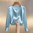 thumbnail image 4 of GUACER Womens Business Long Sleeve Tops Fashion Satin Round Neck Pearl Button Breathable Loose Office Blouses, 4 of 5