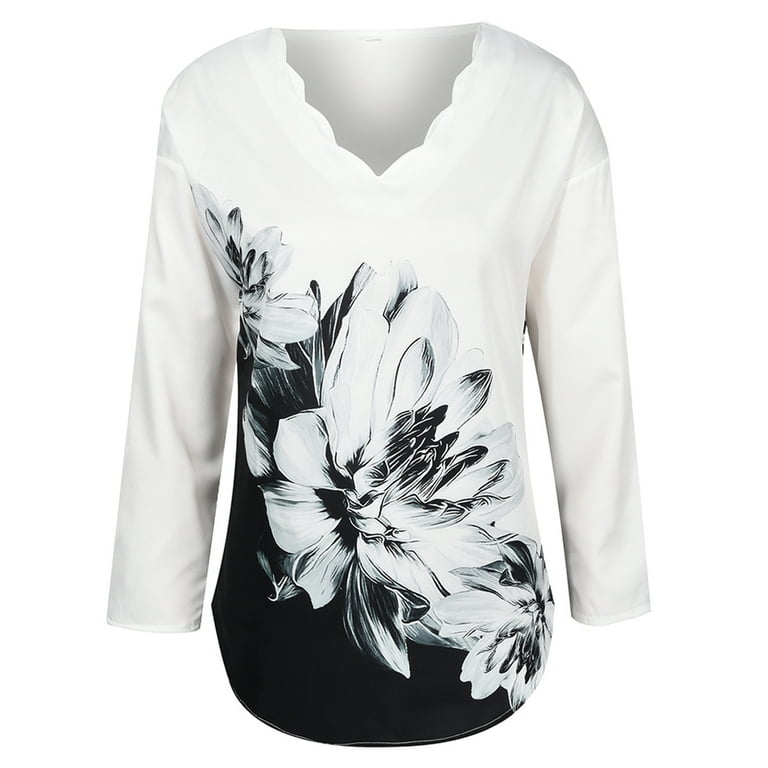 Cilcicy Women Wave Cut Collar Pattern Shirts Long Sleeve V-Neck