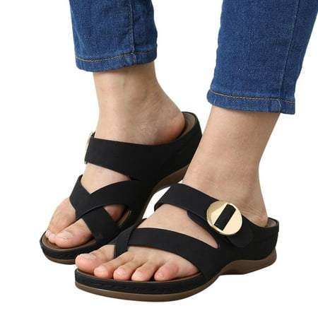 

ZIZOCWA Simple Solid Color Women Flip Flops Summer Clip Toe Open Toe Wedge Roman Sandals Casual Leather Soft Sole Wedge Vintage Slippers Black Size7.5