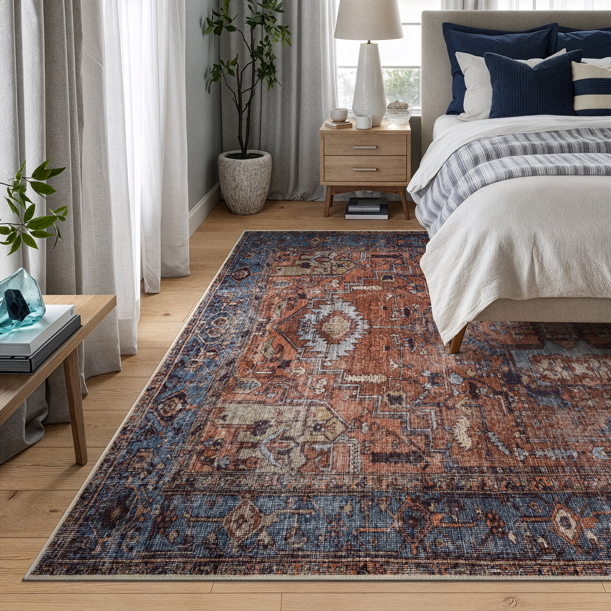 Bloom Rugs Washable Non-Slip 8' x 10' Rug - Terracotta / Blue Traditional Oriental Area Rug for Living Room, Bedroom, Dining Room, and Kitchen - Exact size: 8' x 10'