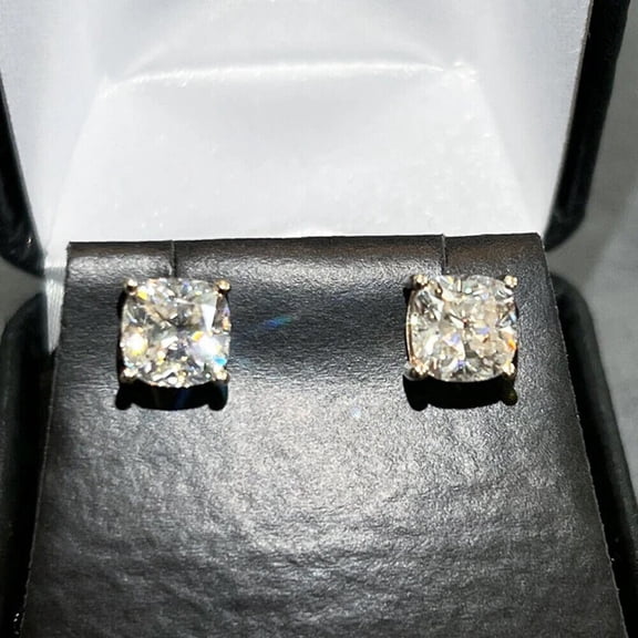 3Ct Lab Created Diamond Cushion Cut Solitaire Stud Earrings 14k Yellow Gold Plated
