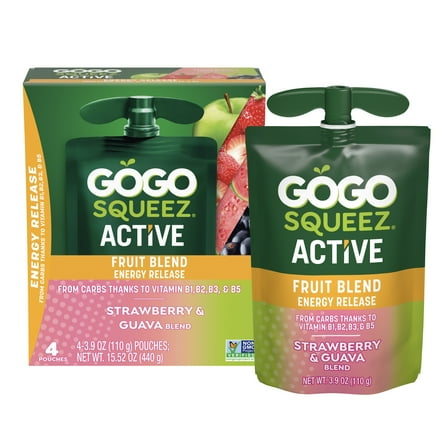 GoGo squeeZ Active Energy No Sugar Added Strawberry Guava Fruit Blend Pouches, 3.9 oz (4 Pack)