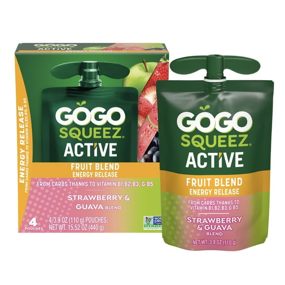 GoGo squeeZ Active Energy No Sugar Added Strawberry Guava Fruit Blend Pouches, 3.9 oz (4 Pack)