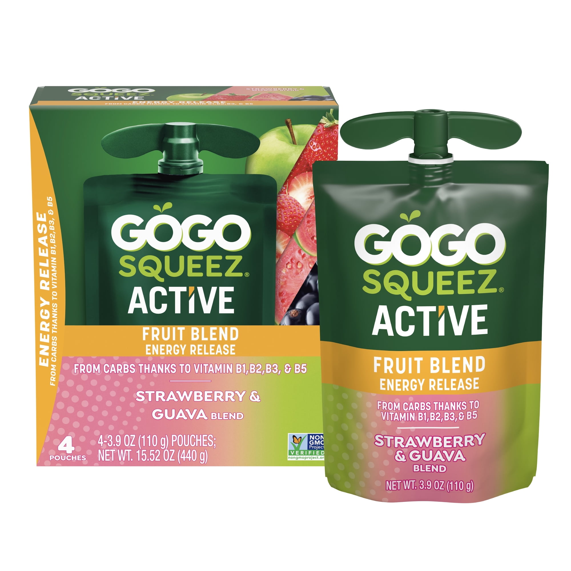 GoGo squeeZ Active Energy No Sugar Added Strawberry Guava Fruit Blend Pouches, 3.9 oz (4 Pack)