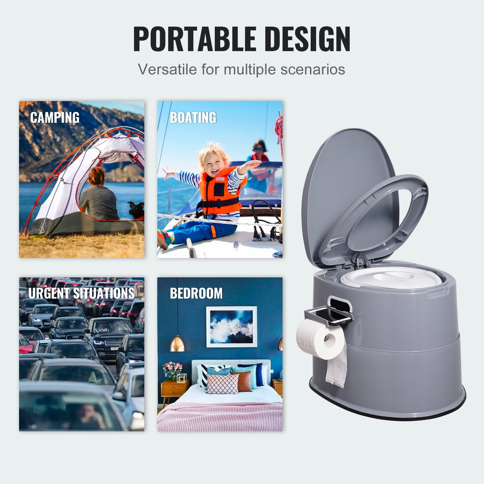 KFFKFF Mobile Commode, 1.3 Gal Split Inner Bucket & Paper Holder, Dual Cover, Ideal for Outdoor Use, Road Trips, Camping, for Both Adults & Children