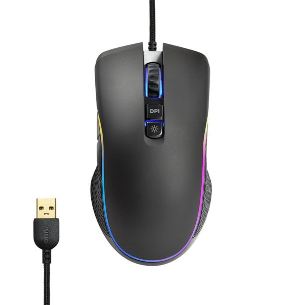 onn. Gaming Mouse with RGB Lighting and 7 Programmable Buttons, Adjustable DPI from 200-7200, 6ft Cable