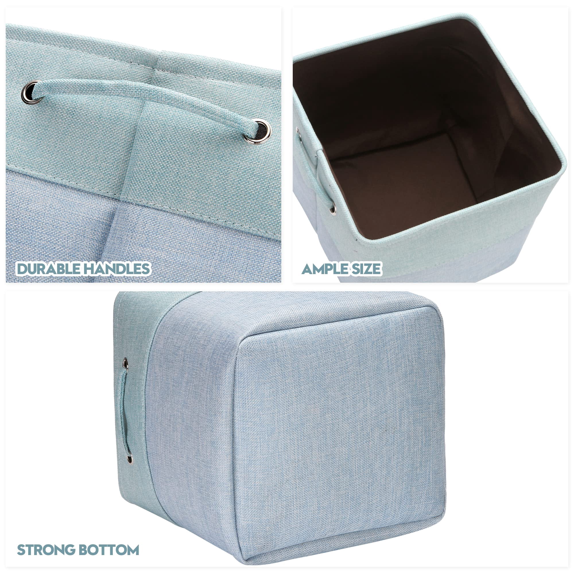 Sea Team 3-Pack Cubic Storage Basket Set, Storage Cube Organizer, Clothes Toys Bin, 11 x 11 x 11 Inches, Big Square Canvas Fabric Collapsible Shelf Box with Handles, Baby Blue & Mint