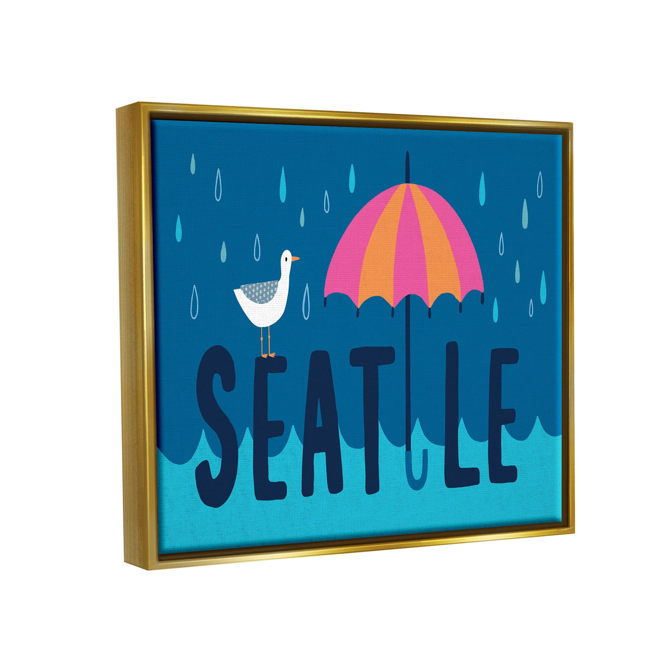 Seattle Raindrops Falling Seagull Animals & Insects Graphic Art Metallic Gold Framed Art Print Wall Art