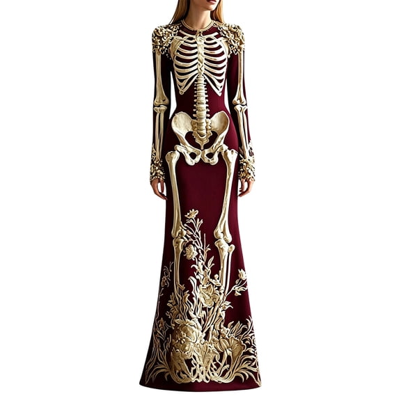 Women's Halloween Gothic Velvet Maxi Dress, Long Sleeve Round Neck Bodycon Dress with Skeleton Floral Print, Elegant Fall Evening Party Gown