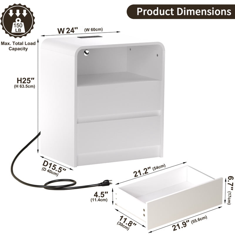 1-PCS Modern Nightstand with Charging Station, Wooden Bedside Storage Table with 2 Handleless Drawers & Open Compartment