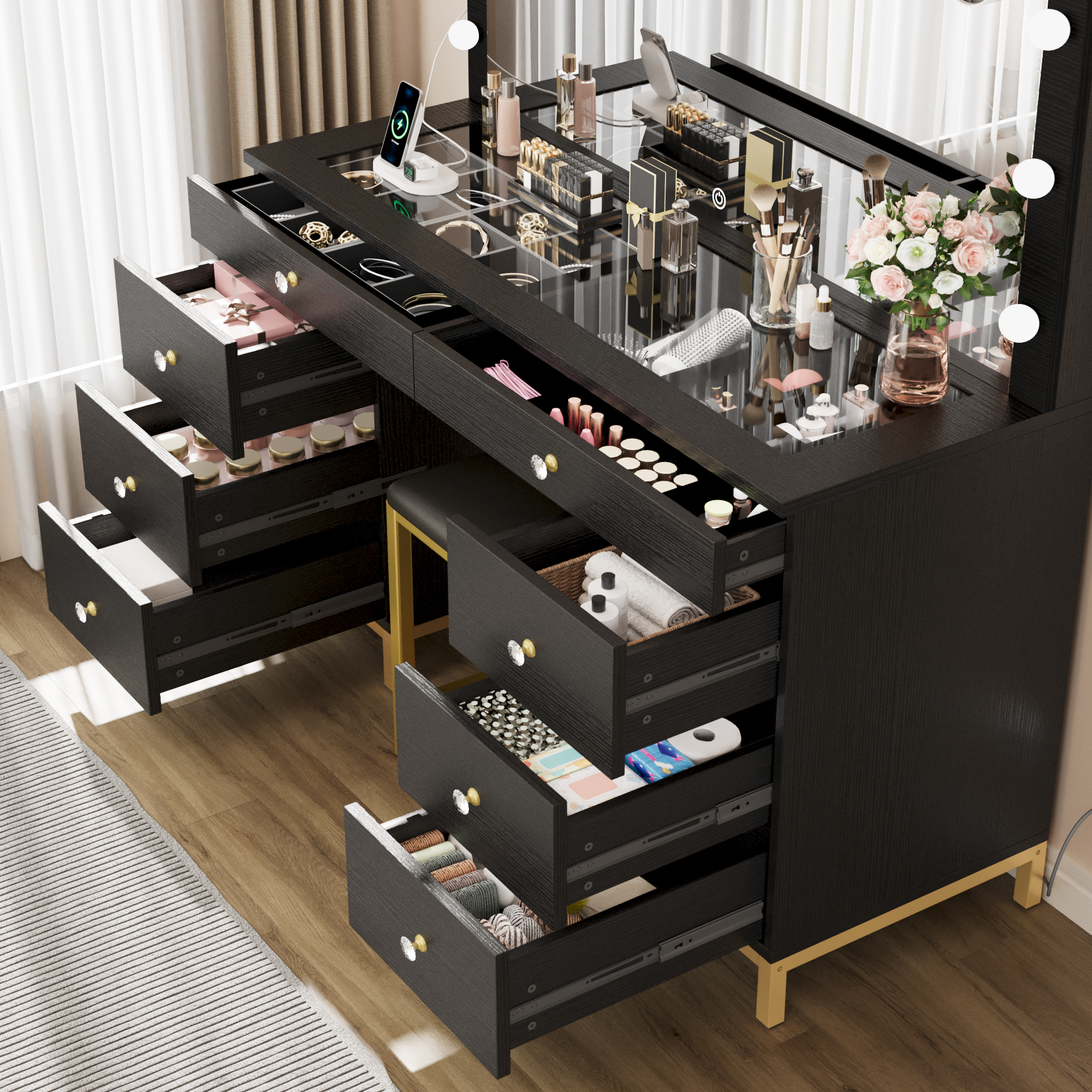 Uforic Black 8-Drawer Makeup Vanity Desk with Dimmable Hollywood LED Mirror USB-C & 2 AC Outlets