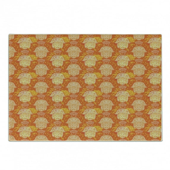 Oriental Cutting Board, Folk Hand Motif Mystic Hippie Oriental, Decorative Tempered Glass Cutting and Serving Board, Small Size, Orange Yellow and White, by Ambesonne
