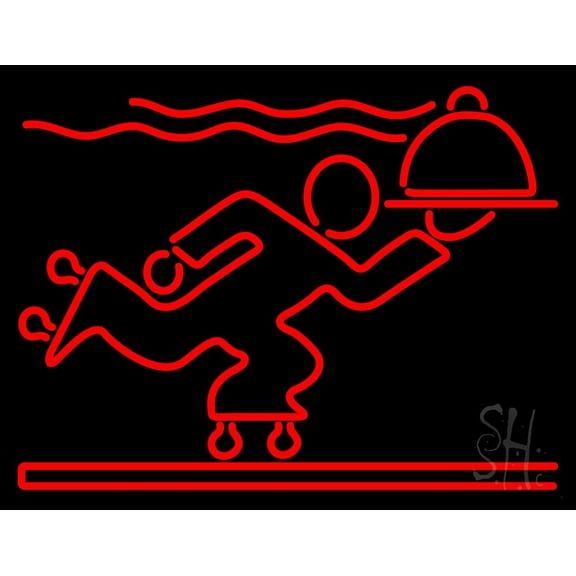 We Deliver With Man LED Neon Sign 24 x 31 - inches, Black Square Cut Acrylic Backing, with Dimmer - Bright and Premium built indoor LED Neon Sign for restaurant window and interior decor.