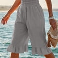 thumbnail image 5 of iHPH7 Women's Cotton Linen High Rise Capris Smocked Waistband Pedal Pushers Wide Leg Ruffle Hem Cropped Pants with Pockets Casual Summer Beach Trousers Dark Gray M, 5 of 6