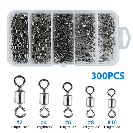 300PCS Fishing Rolling Bearing Connector, Rolling Barrel Fishing Stainless Steel, Corrosion Resistant Fishing Swivels Tackle Accessories Kit #2, 4, 6, 8, 10 for