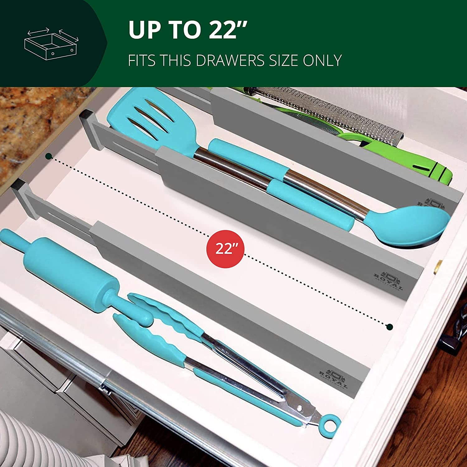 Royal Craft Wood Adjustable Bamboo Drawer Dividers – 4-Pack Expandable Drawer Organizer Separators for Kitchen, Dresser, Bedroom, Bathroom & Office Drawers (17–22", Gray)