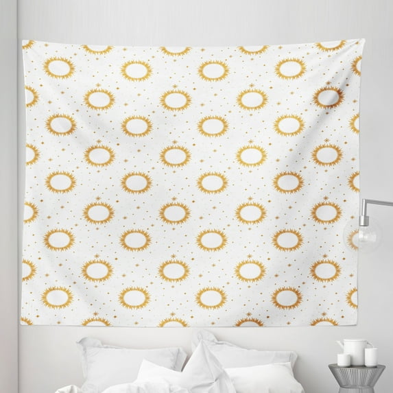 Celestial Sun Tapestry, Abstract Dreamy Simple Monochrome Image of Sun and Stars, Fabric Wall Hanging Decor for Bedroom Living Room Dorm, 5 Sizes, Dark Orange and White, by Ambesonne