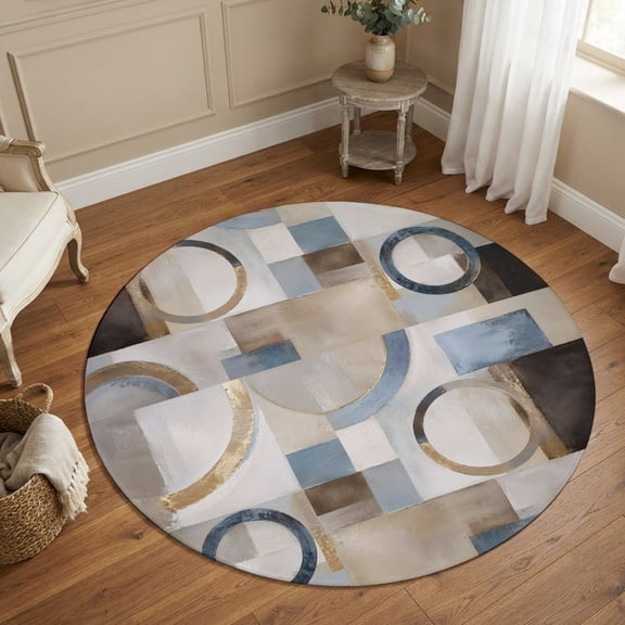 Small Round Rug 3Ft, Abstract Blue Brown Non-Slip Washable Circle Rugs Carpet, Vintage Geometric Color Blocks Indoor Outdoor Rug Floor Mats Throw Runner for Bedroom Living Room Bathroom