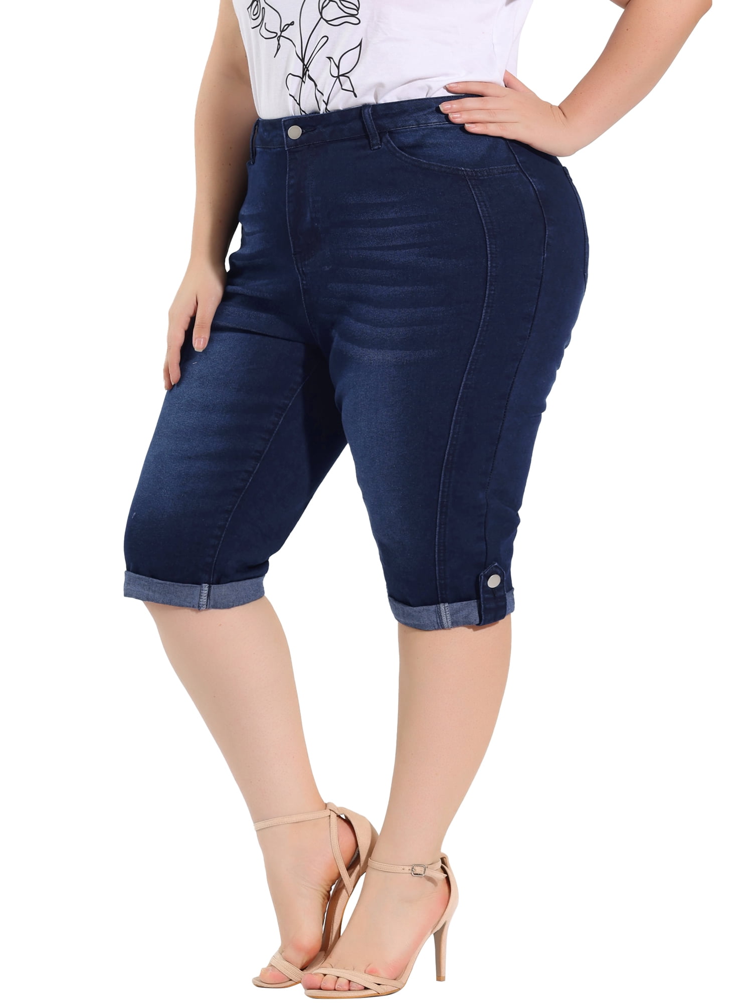 Unique Bargains Juniors' Plus Size Shorts Chambray Ripped Denim Capri Jeans Dark Blue 1X
