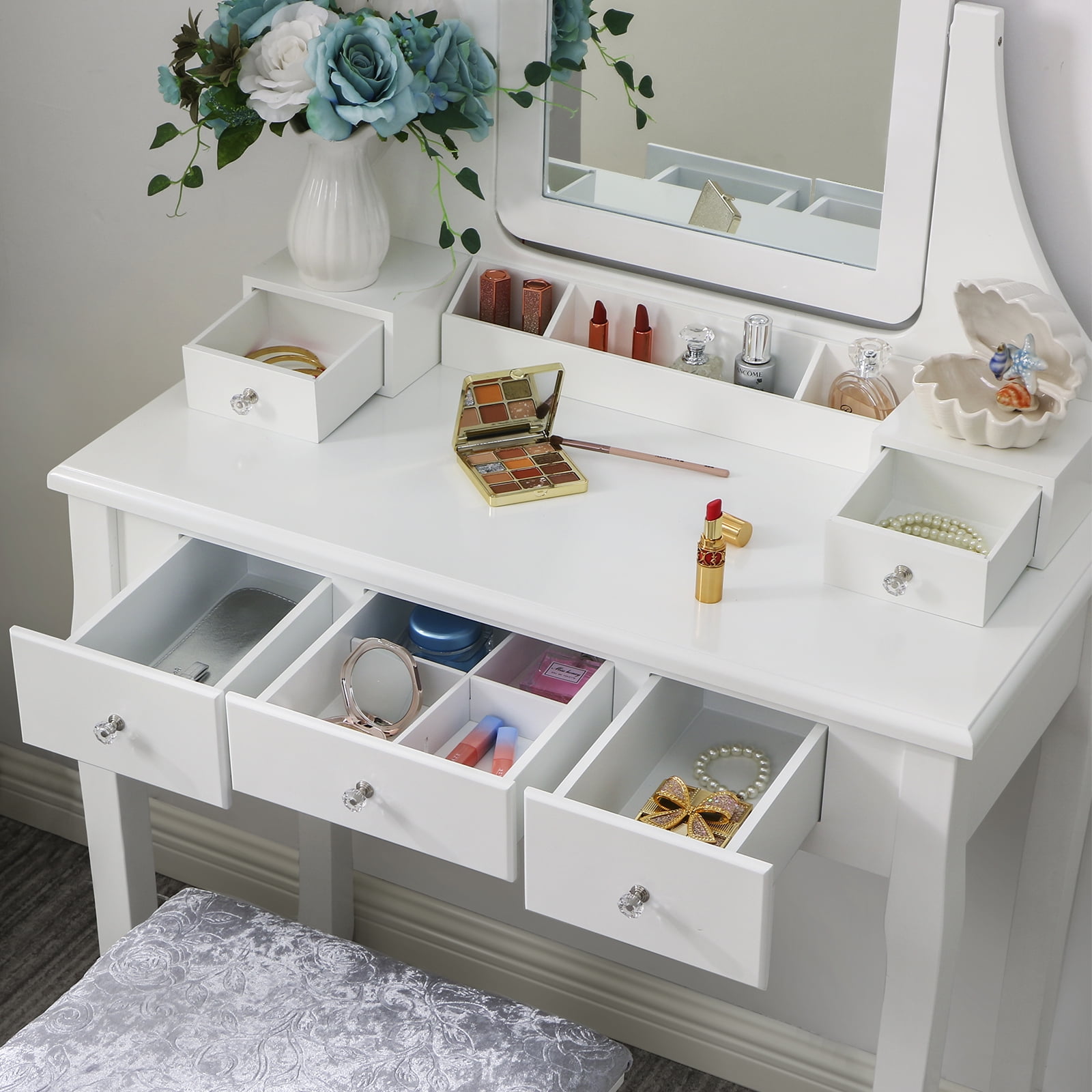 BEWISHOME Vanity Set with Mirror Cushioned Stool Dressing Table