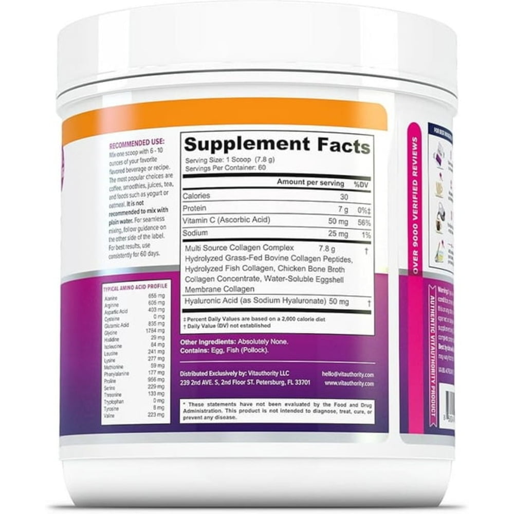 Vitauthority Multi Collagen Peptides Beauty Supplement, Hydrolyzed Protein Powder with Vitamin C & Hyaluronic Acid, Unflavored, 16 oz