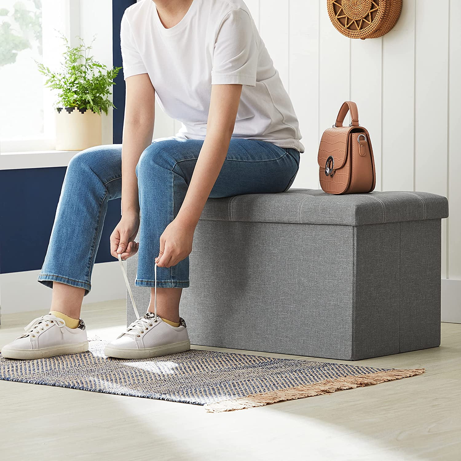 SONGMICS 30" Storage Ottoman Holds 660 lb Ottoman with Storage Folding Storage Bench Footstool for Entryway Living Room Light Gray