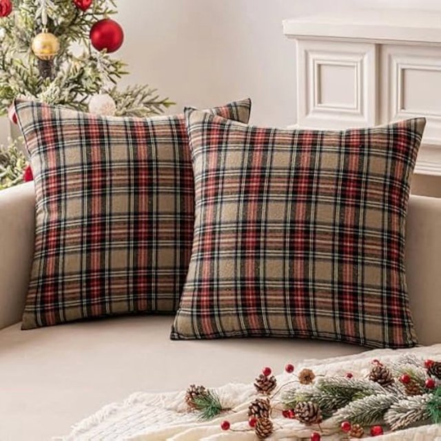 HAYAN Christmas Set of 2 Scottish Tartan Plaid Euro Sham Throw Pillow Covers Farmhouse Classic Decorative Outdoor Square Cases for Decor Sofa Couch 26x26, Khaki