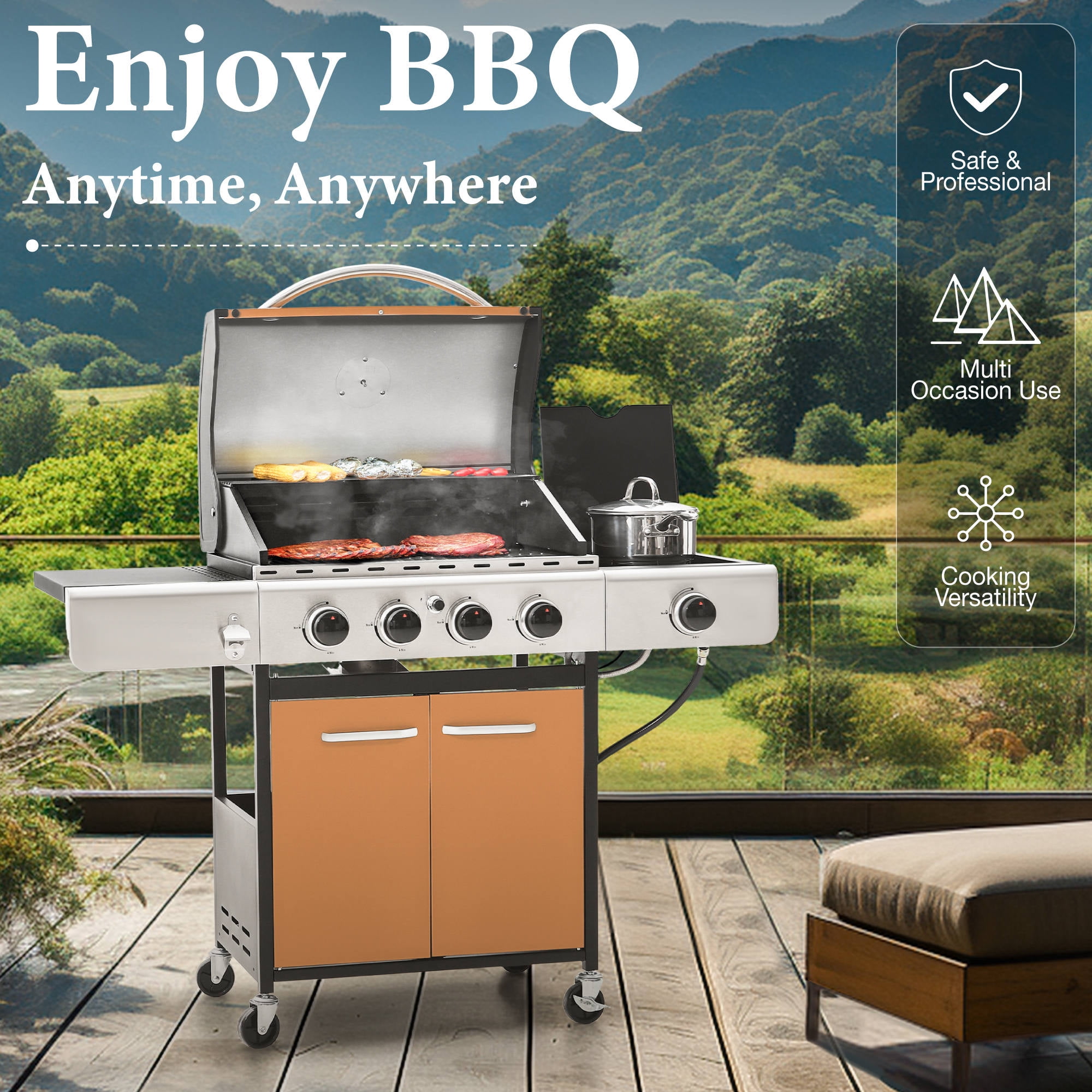 PHI VILLA 4 Burner Propane Gas Grill with Side Burner Stainless Steel, Golden