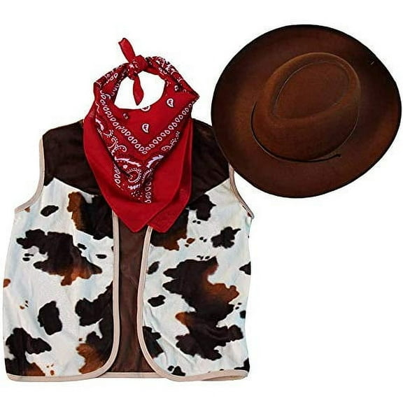Making Believe Kids Cowboy Or Cowgirl Costume Western Rodeo Set - Vest, Brown Hat, Bandanna - Size 8-10