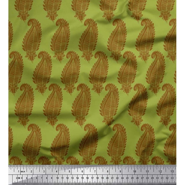 Soimoi Green Modal Satin Fabric Brown Paisley Print Sewing Fabric Yard 42 Inch Wide