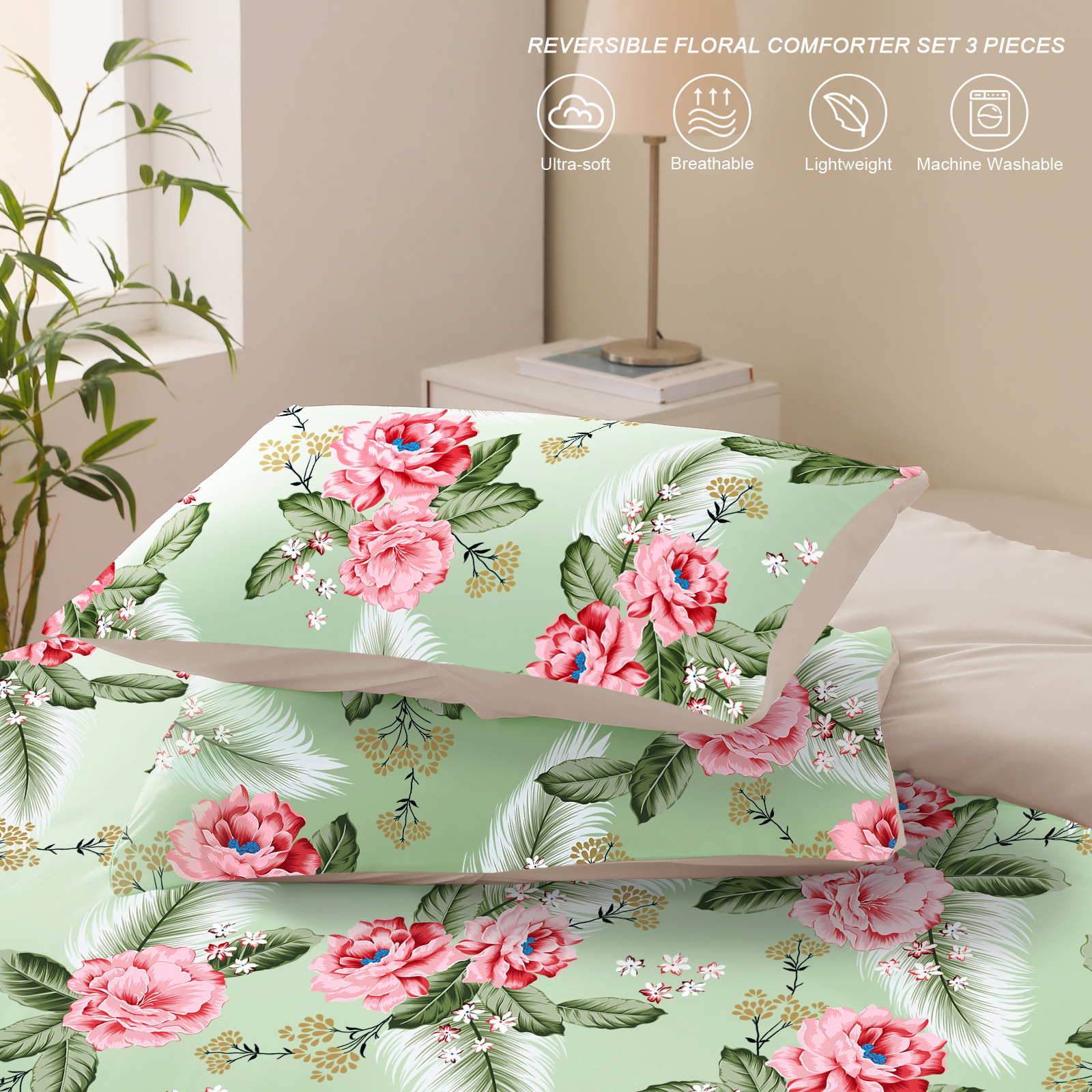 Exclusivo Mezcla 3-Piece Floral Queen Comforter Set, Microfiber Bedding Down Alternative Comforter for All Seasons with 2 Pillow Shams, Pink