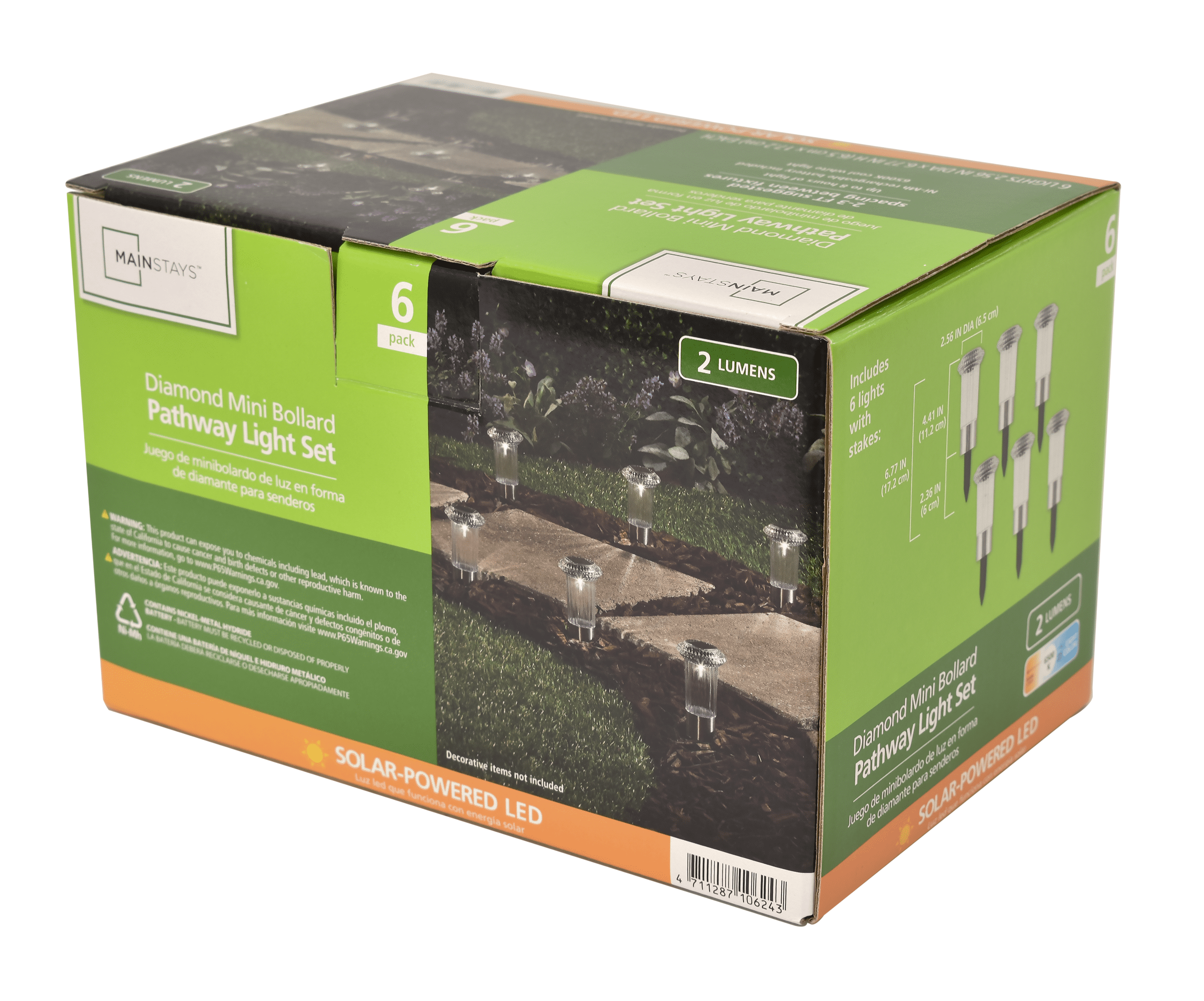 Mainstays Diamond Stainless Steel Solar Powered Mini Bollard Path Light, 6 Pack