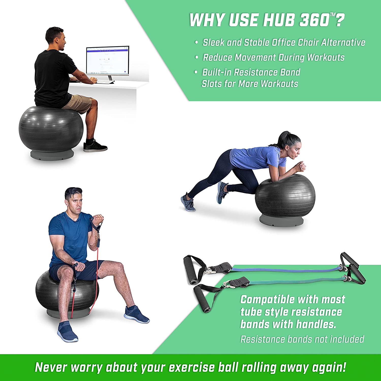 Yoga Ball Base for Fitness Balls - Charcoal, Green, or Blue -Hub 360 Universal Stability Stand