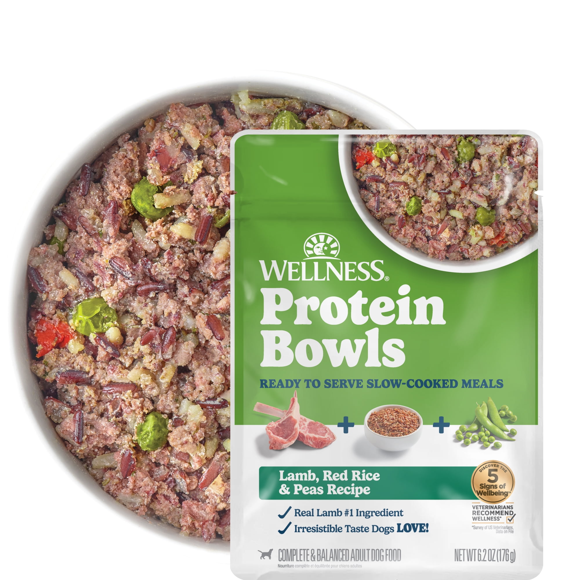 Wellness Protein Bowls, Adult Fresh Alternative Dog Food, Wholesome Grains, 6.2 Ounce Pouch, 6 Pack, (Lamb, Red Rice & Peas Recipe)