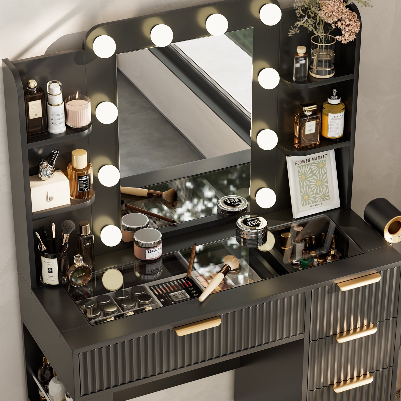 Hommoo Vanity Desk with Mirror and 3 Colors Lights, Makeup Vanity Set Dressing Table with Charging Station, Transparent Tabletop, 5 Drawers & Open Storage for Bedroom, Black