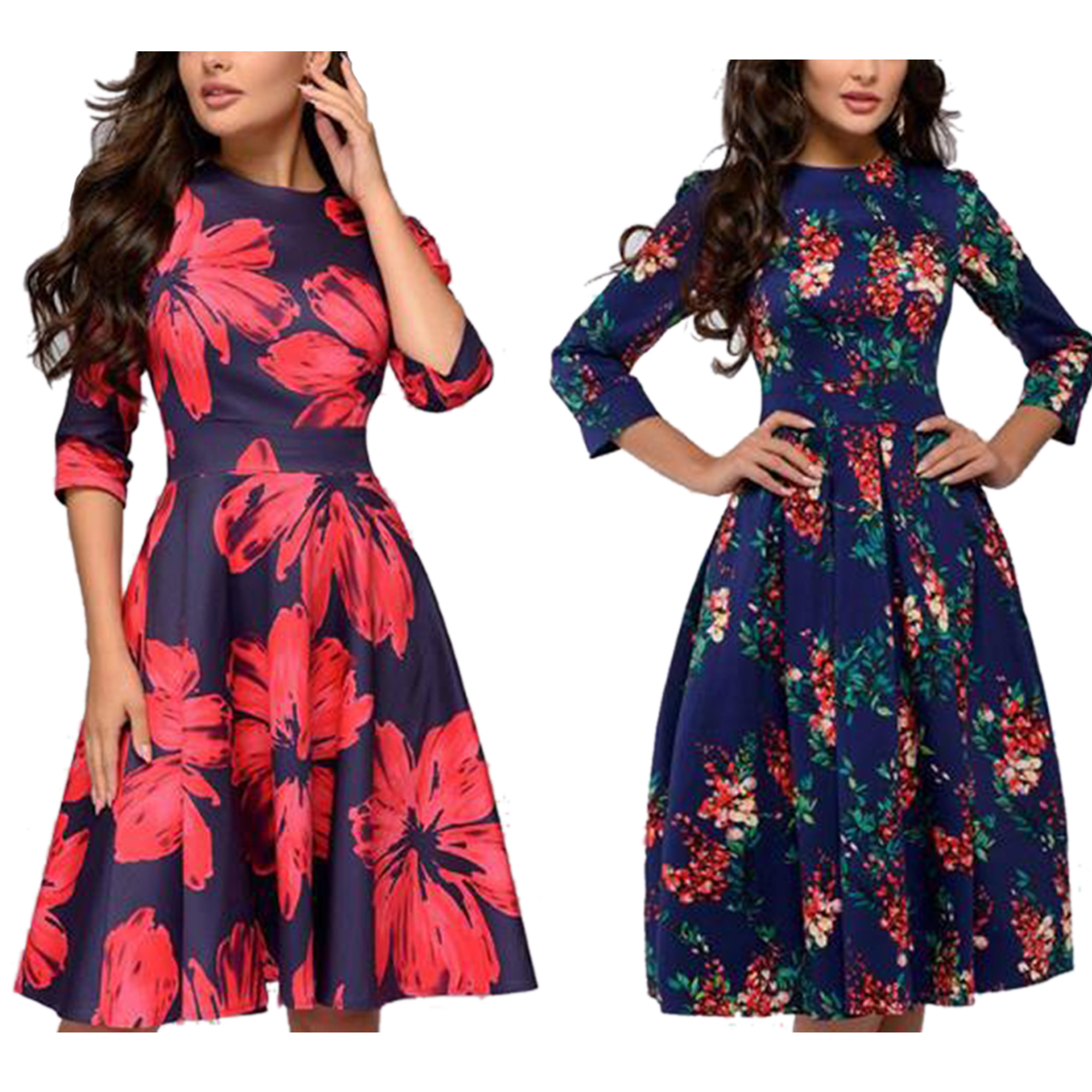 HULKY Womens Vintage 3/4 Sleeve Loose Pleated Maxi Dress Floral Print Flowy Elegant Casual A-line Long Dresses with Pockets