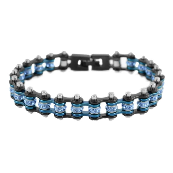 SK2202 Black/Blue b/Crystals Mini Bike Chain Bracelet 3/8" Wide - Size 6.75"