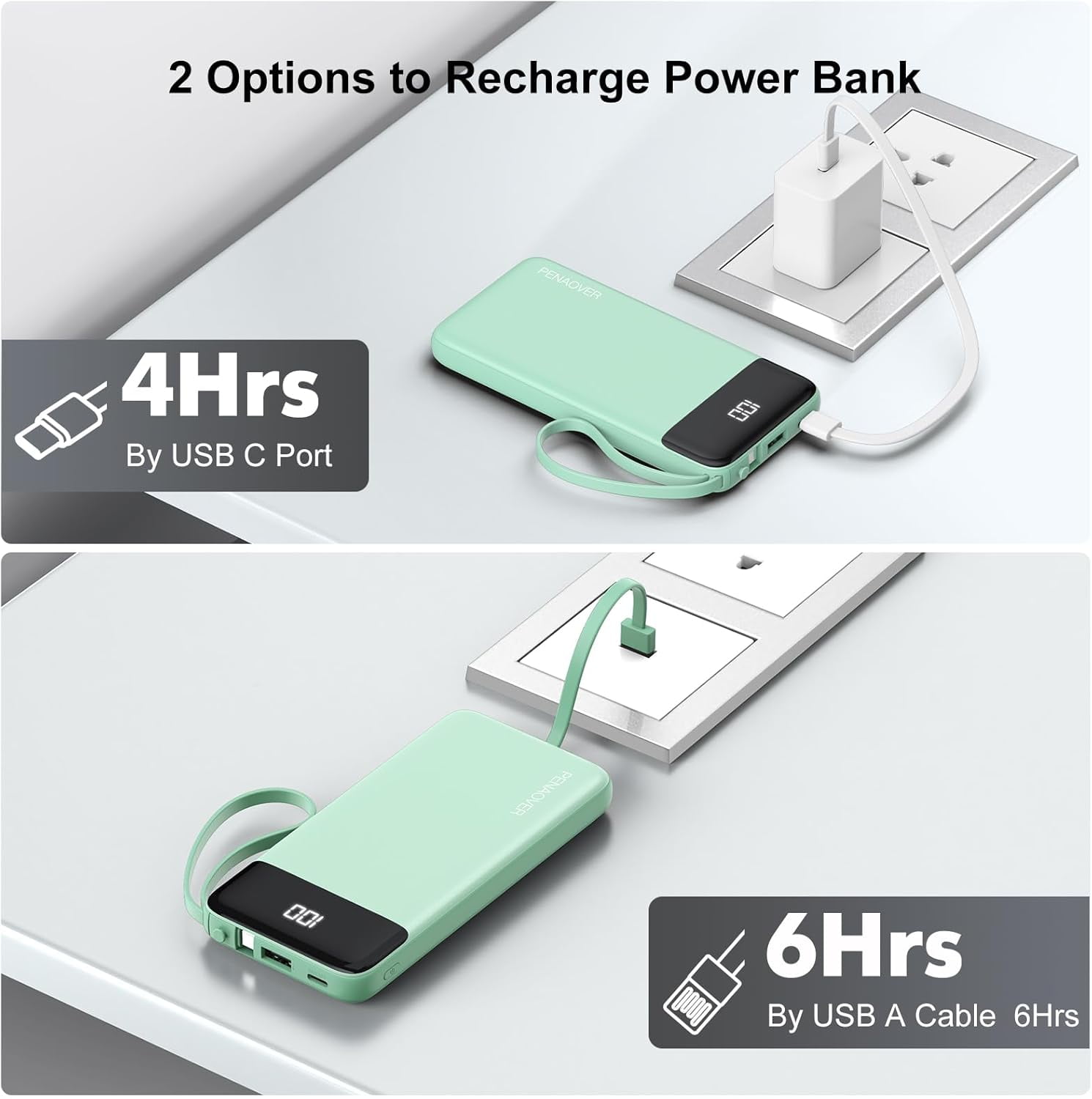 MHAWBL-Portable Charger 10000mAh Power Bank with Built-in Cable, 5 Output 2 Input Travel Essential External Battery Pack with LED Display Compatible with iPhone 17/16/15/14 Samsung Android, etc