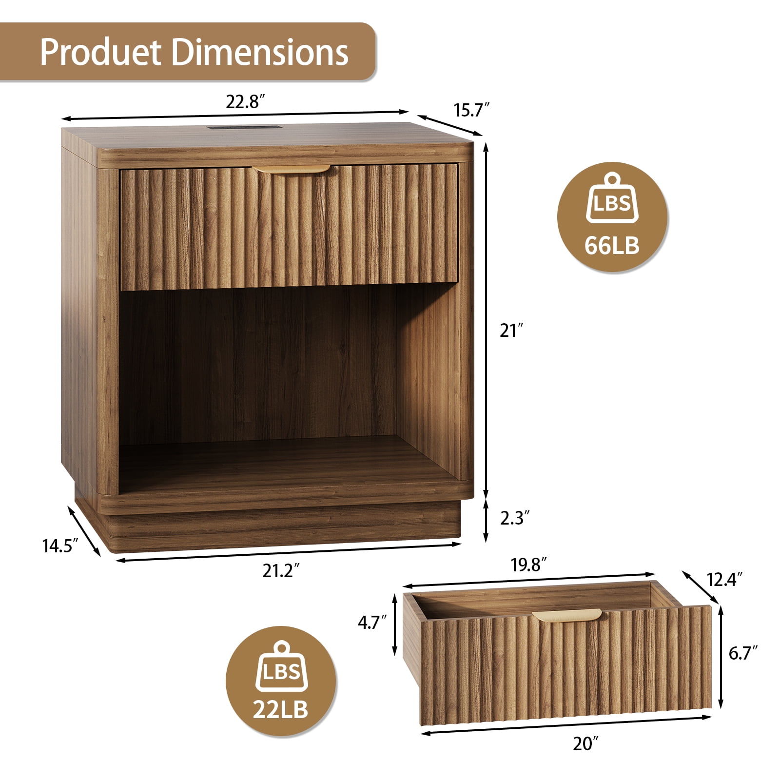 Pusnapku Fluted Night Stand, 22" Farmhouse Bedside Table with Charging Station, Curved Design Wood End Table with Drawer, for Living Room, Bedroom