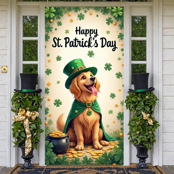 Green Theme St. Patrick's Day Banner Shamrock Pattern Festival Display Leprechaun Hat Pet Dog Design Shamrock Backdrop for St. Patrick's Day Party Festival Holiday Decoration