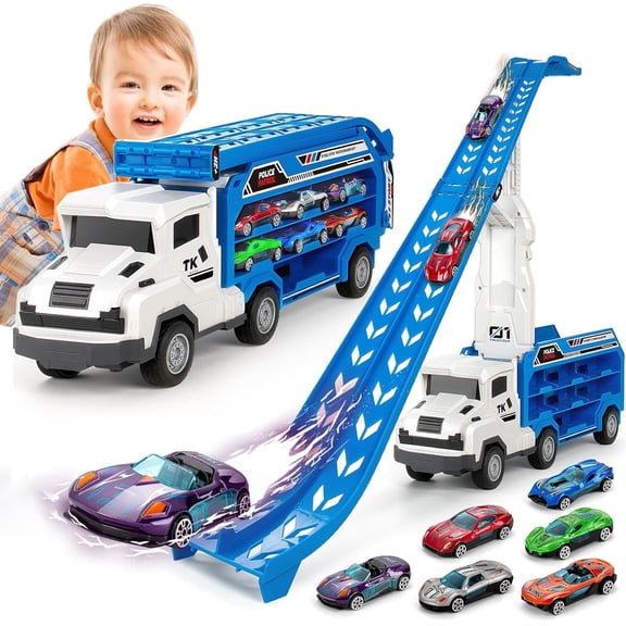 Truck Toys Car for 3, 4, 5, 6 Years Old Boys, Transport Truck Car Toy, Foldable 2 Layer Transport Car Toys with 27 in Race Track and 6 Metal Cars, Birthday Gifts for Toddler Boys Girls