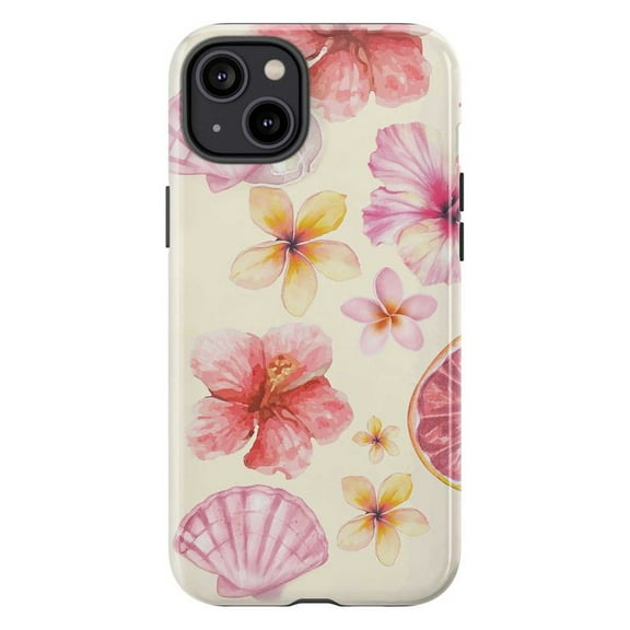 Tropical Floral Phone Case, Watercolor Hibiscus & Seashell Design iPhone Cover, Beachy Summer Vibes for iPhone 16 15 14 13 12 11 Pro Plus Max Mini