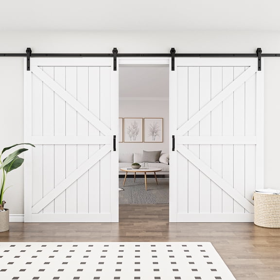 96''x84''Modern K Shape Primed Sliding Barn Door with Installation Hardware Kit (Double Door & Soft Close Optional)