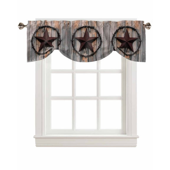 Tie Up Valance Curtain for Kitchen,Rustic Western Country Primitive Red Star Rod Pocket Short Curtains Adjustable Tie-Up Shade Valances,Wooden Texture Window Treatment for Bathroom Bedroom