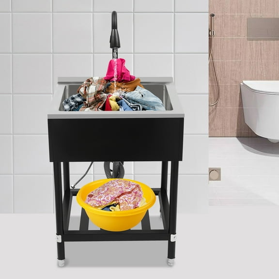 Commercial Sink with Pull-Out Faucet, Stainless Steel Laundry Sink with Stand Single Bowl Laundry Sink