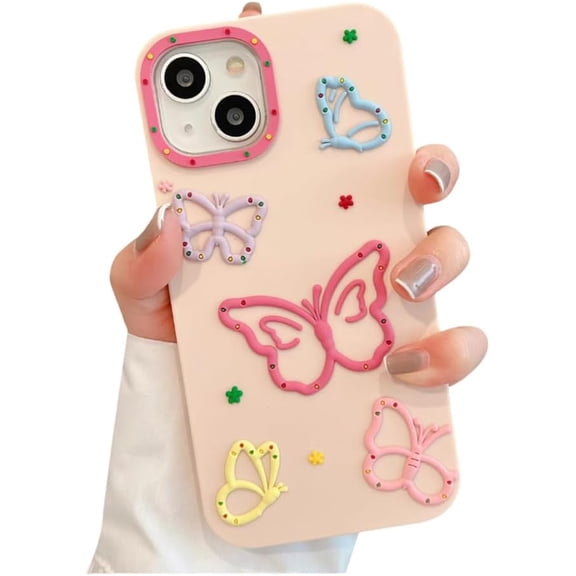 Designed for iPhone Case,Cute Pink Simple Cartoon Kawaii Butterfly Pattern Silicone Shockproof Cover Phone Case (iPhone 13 Pro Max,Pink)