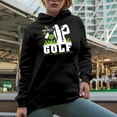 thumbnail image 2 of The Secret of Golf Quote with a Swinging Golf Player, Golfing or Golfer Themed Merch Gift, Black Hooded Sweatshirt or Hoodie, Small, 2 of 5