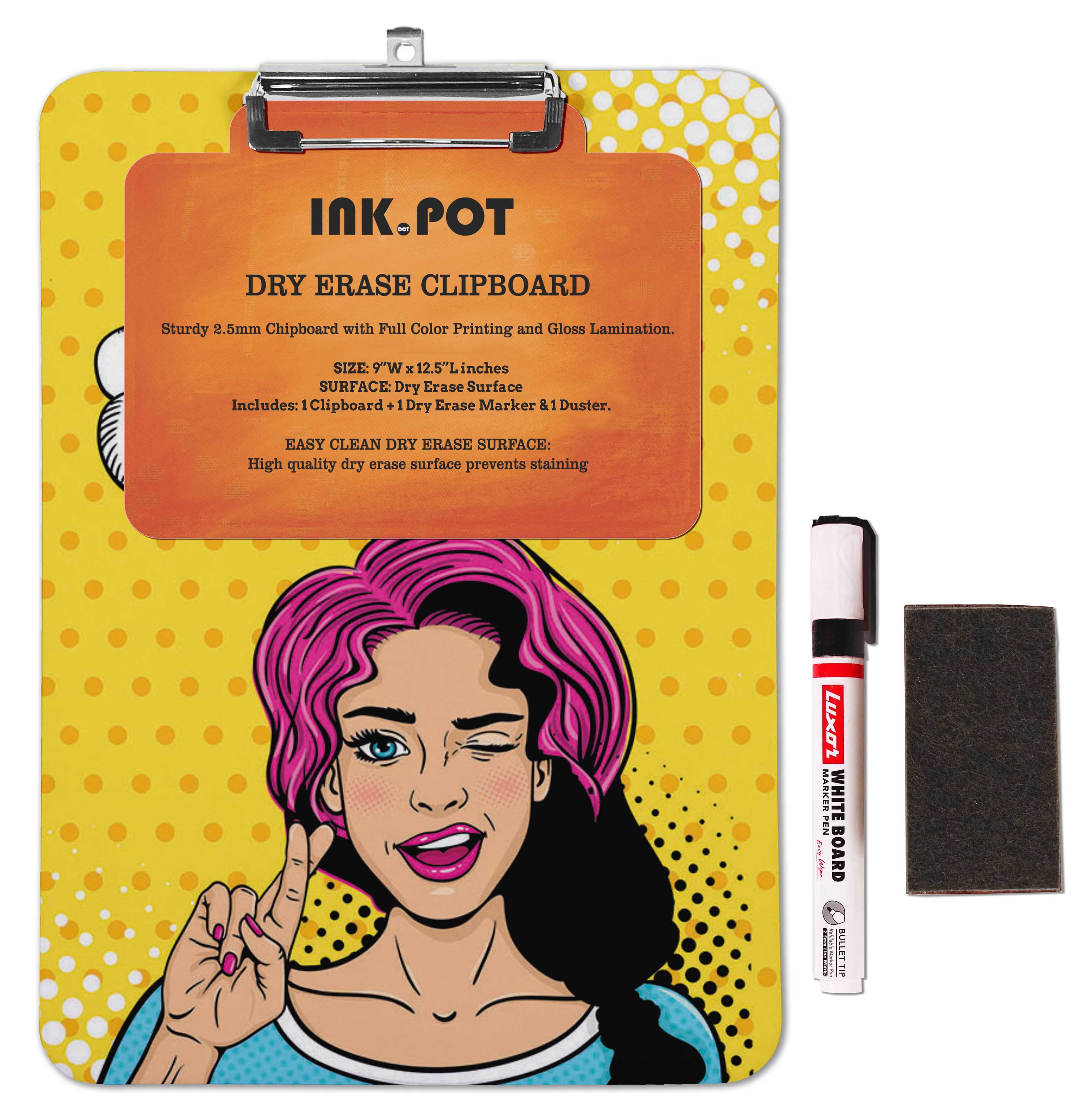 Inkdotpot Dry Erase Double Sided Clipboard Feminist Pop Art Printed Paperboard Clipboard With Free Marker & Duster