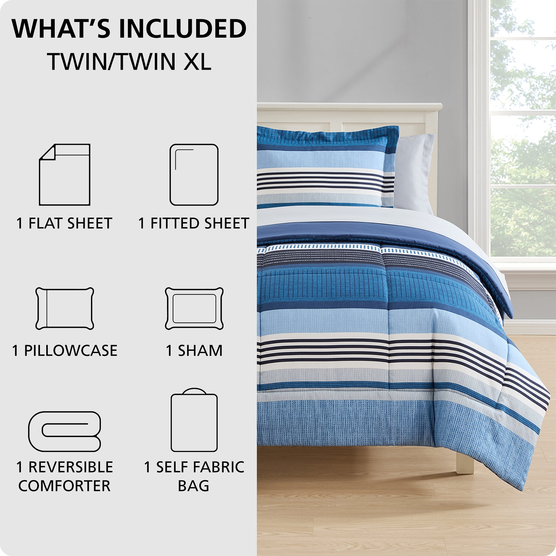 Mainstays All-in-One Reversible Comforter and Sheet Set, 5-Piece, Twin/Twin XL, Blue Stripe