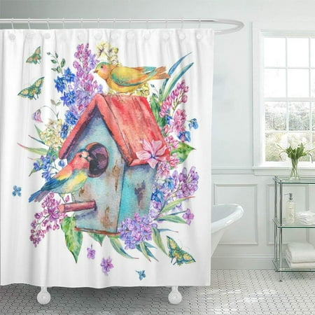 Pknmt Watercolor With Birdhouse Birds Blooming Branch Of Lilac Pknmt Watercolor With Birdhouse Birds Blooming Branch Of Lilac Erfly And Wildflowers Waterproof Bathroom Shower Curtains